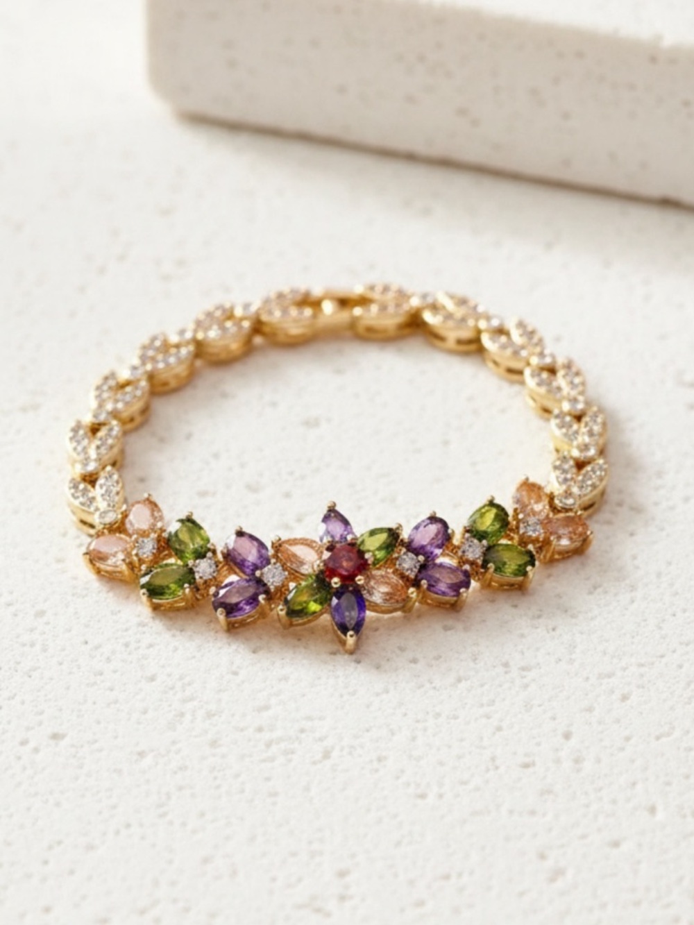 Rainbow Floral CZ Tennis Bracelet – Gold-Plated – 7” Statement Piece
